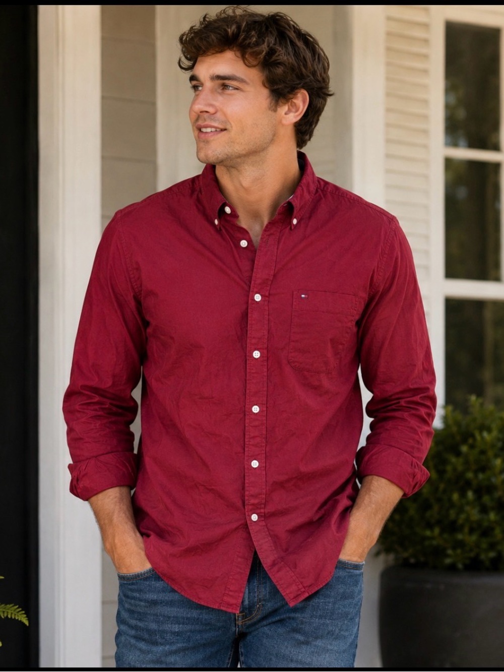 Tommy Hilfiger Men's Custom Fit Stretch Oxford Shirt NWT Burgundy Red XL NEW